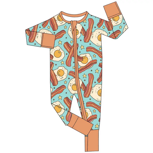 Custom moq 3 eta 7/8week moq 5 eta /4/5week Brown Fried Egg Pattern Long Sleeve Zipper Romper