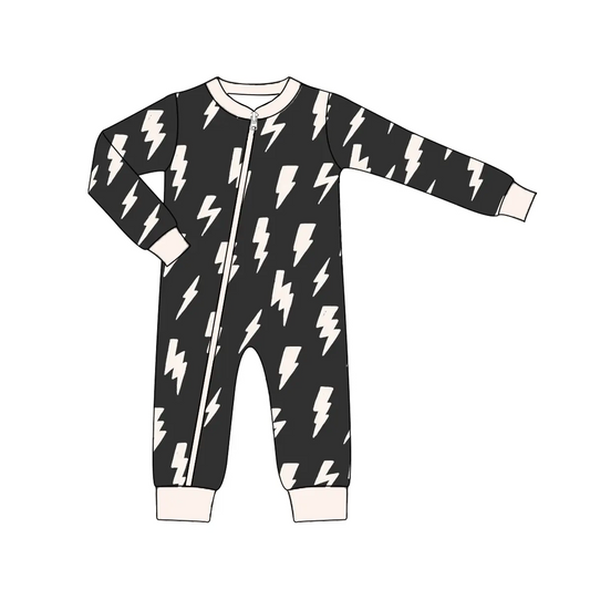 Custom moq 3 eta 7/8week moq 5 eta /4/5week Beige Lightning Pattern Black Long Zip-Up Romper