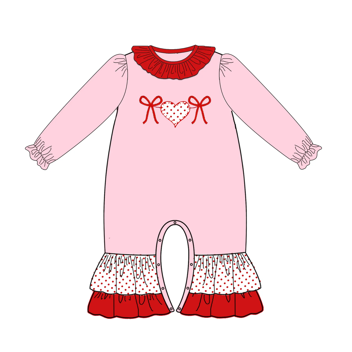 Custom moq 3 eta 7/8week moq 5 eta /4/5week Pink long-sleeved romper with red bow and polka dot heart pattern