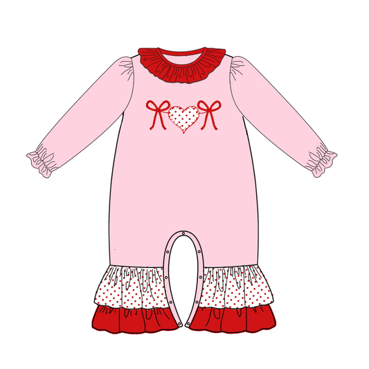 Custom moq 3 eta 7/8week moq 5 eta /4/5week Pink long-sleeved romper with red bow and polka dot heart pattern