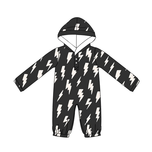 Custom moq 3 eta 7/8week moq 5 eta /4/5week Beige lightning pattern long black hooded romper