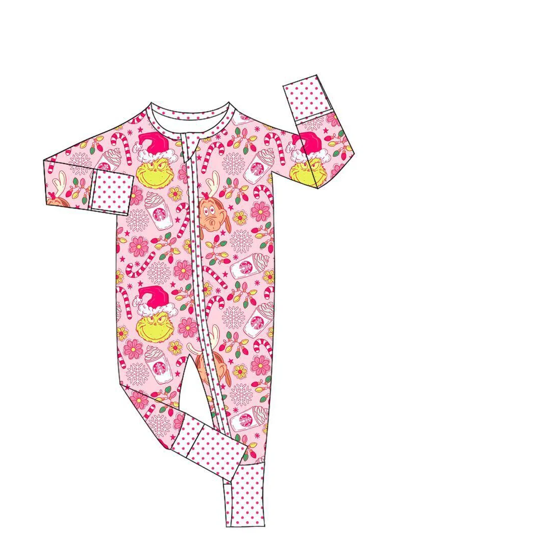 Custom moq 3 eta 7/8week moq 5 eta /4/5week Rose Pink Christmas Elk Puppy Polka Dot Long Zipper Climbing Suit