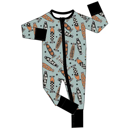 Custom moq 3 eta 7/8week moq 5 eta /4/5week Smiley Skateboard Pattern Grey and Black Long Sleeve Zipper Jumpsuit