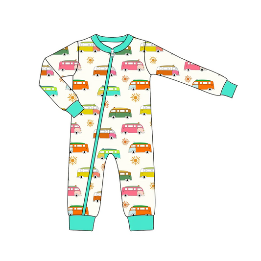 Custom moq 3 eta 7/8week moq 5 eta /4/5week Sun & School Bus Pattern Lake Green Long Sleeve Zip-Up Romper