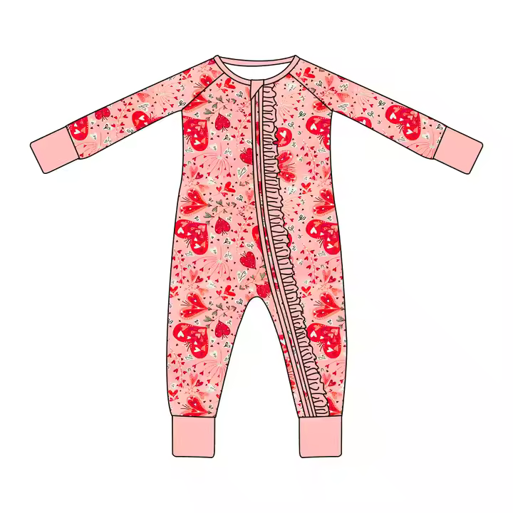 Custom moq 3 eta 7/8week moq 5 eta /4/5week Red glass heart pattern orange and pink long pleated zipper romper