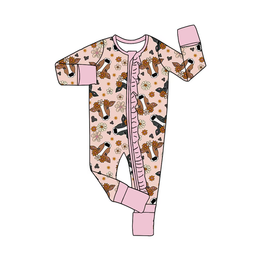 Custom moq 3 eta 7/8week moq 5 eta /4/5week Pink leather long-sleeved zip-up jumpsuit with floral bull head pattern