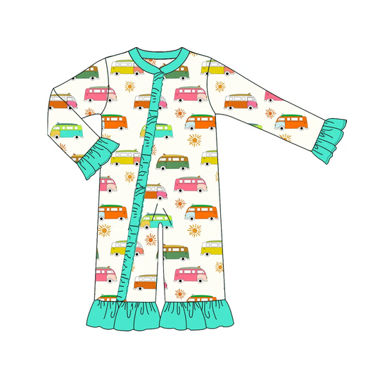 Custom moq 3 eta 7/8week moq 5 eta /4/5week Sun & School Bus Pattern Lake Green Pleated Loose Cuffs Long Sleeve Zipper Romper