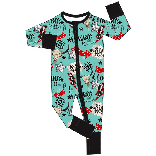 Custom moq 3 eta 7/8week moq 5 eta /4/5week Alphabet-Geometric Pattern Lake Green Long Sleeve Zipper Romper