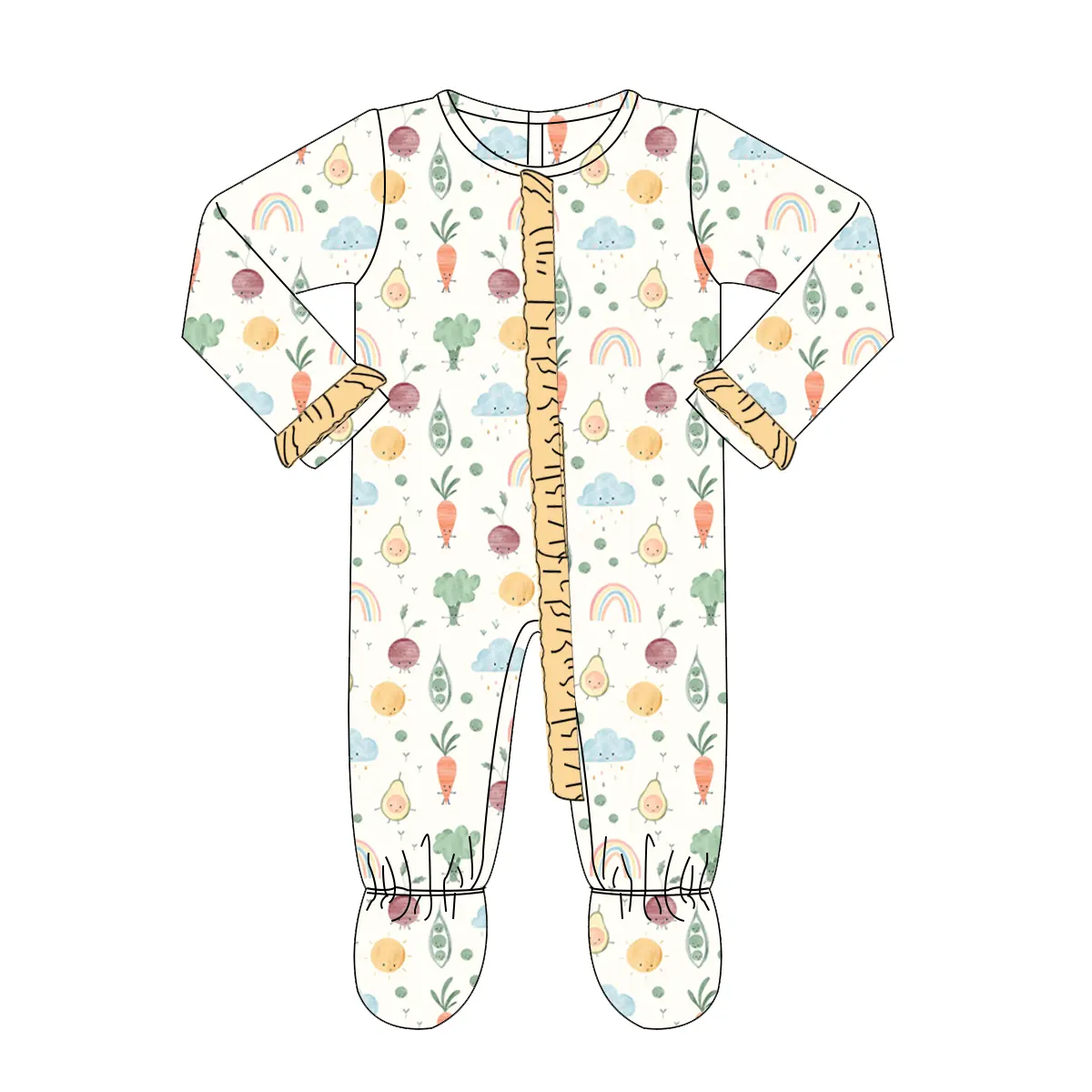 Custom moq 3 eta 7/8week moq 5 eta /4/5week Beige long zip-up jumpsuit with clouds, rainbow and vegetables