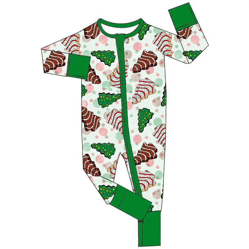 Custom moq 3 eta 7/8week moq 5 eta /4/5week Wooden Stripe Christmas Tree Green Long Sleeve Zip-Up Romper