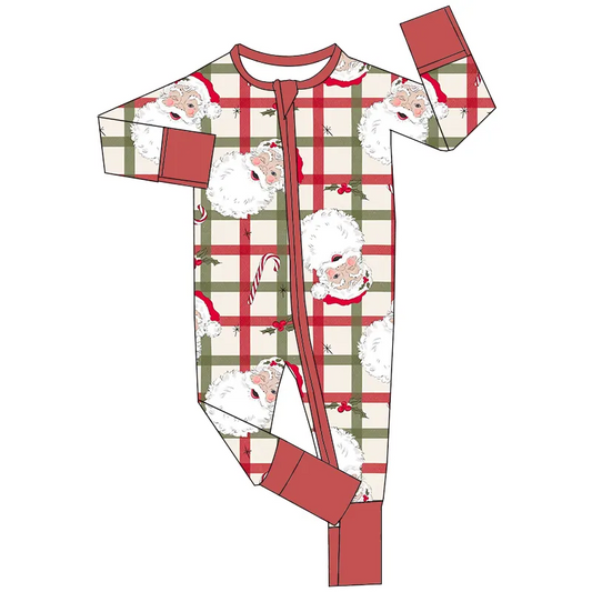 Custom moq 3 eta 7/8week moq 5 eta /4/5week Bearded Santa Claus Watermelon Red and Green Plaid Long Sleeve Zipper Romper