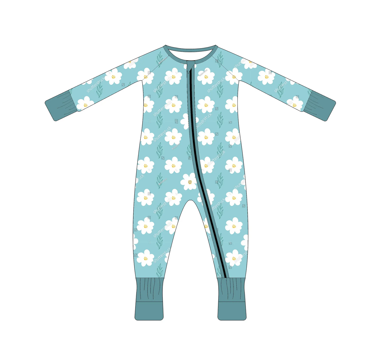 Custom moq 3 eta 7/8week moq 5 eta /4/5week White flower lake green long zipper romper