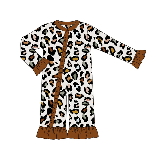 Custom moq 3 eta 7/8week moq 5 eta /4/5week Colorful leopard print dark brown ruffled cuffs long zip-up jumpsuit