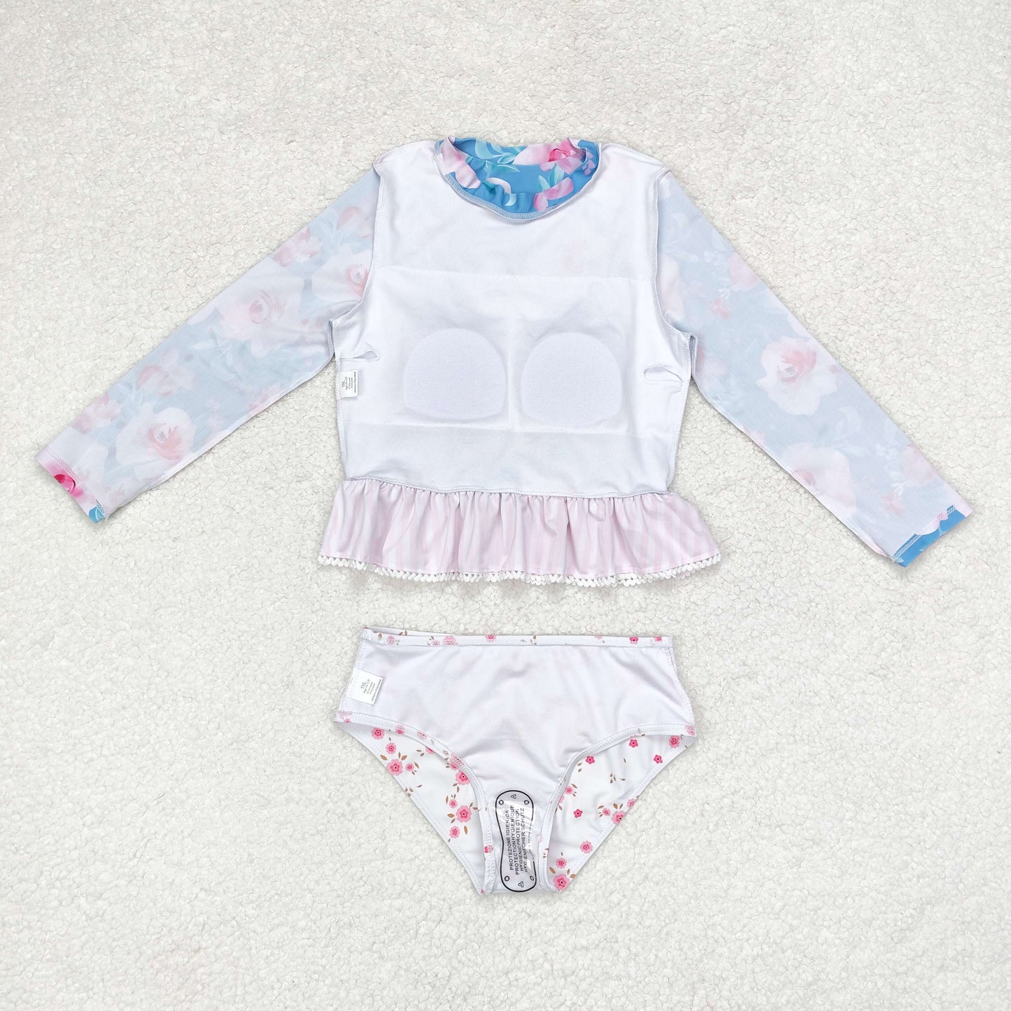 rts no moq S0168 Flower pink and white striped lace blue and white long-sleeved swimsuit set