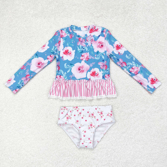 rts no moq S0168 Flower pink and white striped lace blue and white long-sleeved swimsuit set