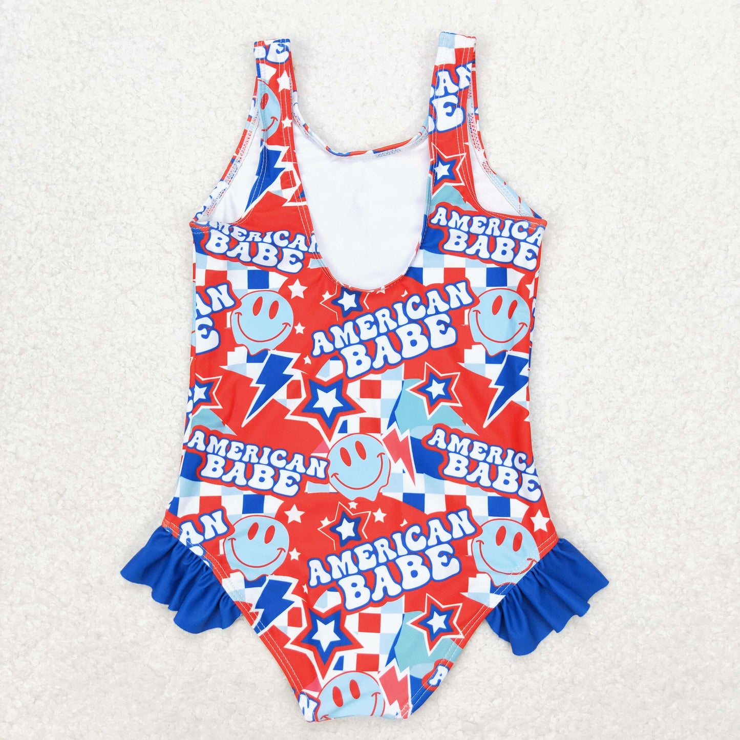 rts no moq S0214 American babe smiley face star plaid blue lace one-piece swimsuit