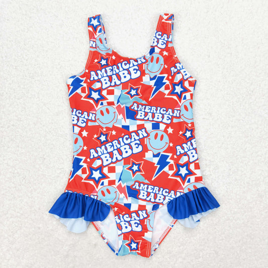 rts no moq S0214 American babe smiley face star plaid blue lace one-piece swimsuit