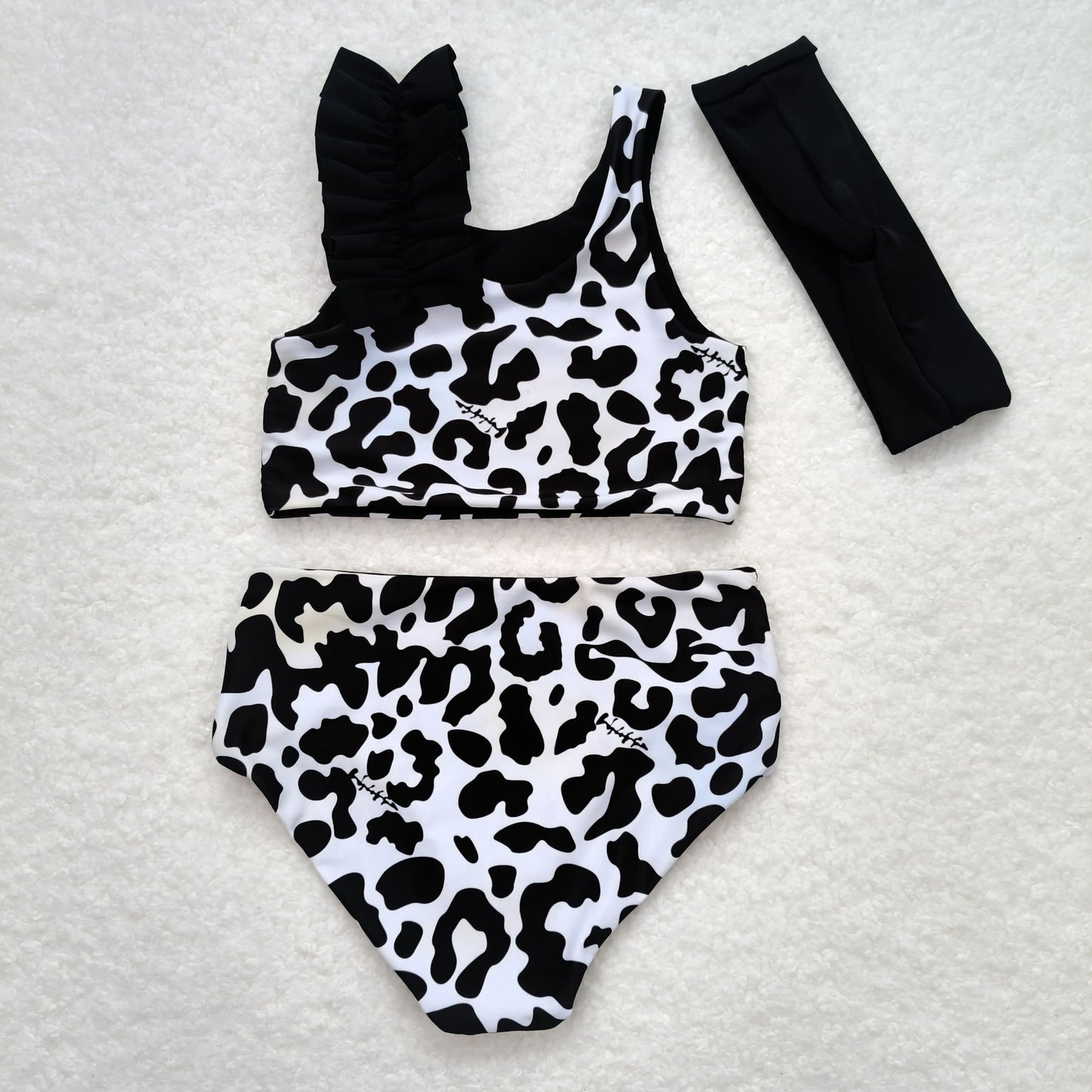 S0224 Cow print black and white swimsuit set with bow sets