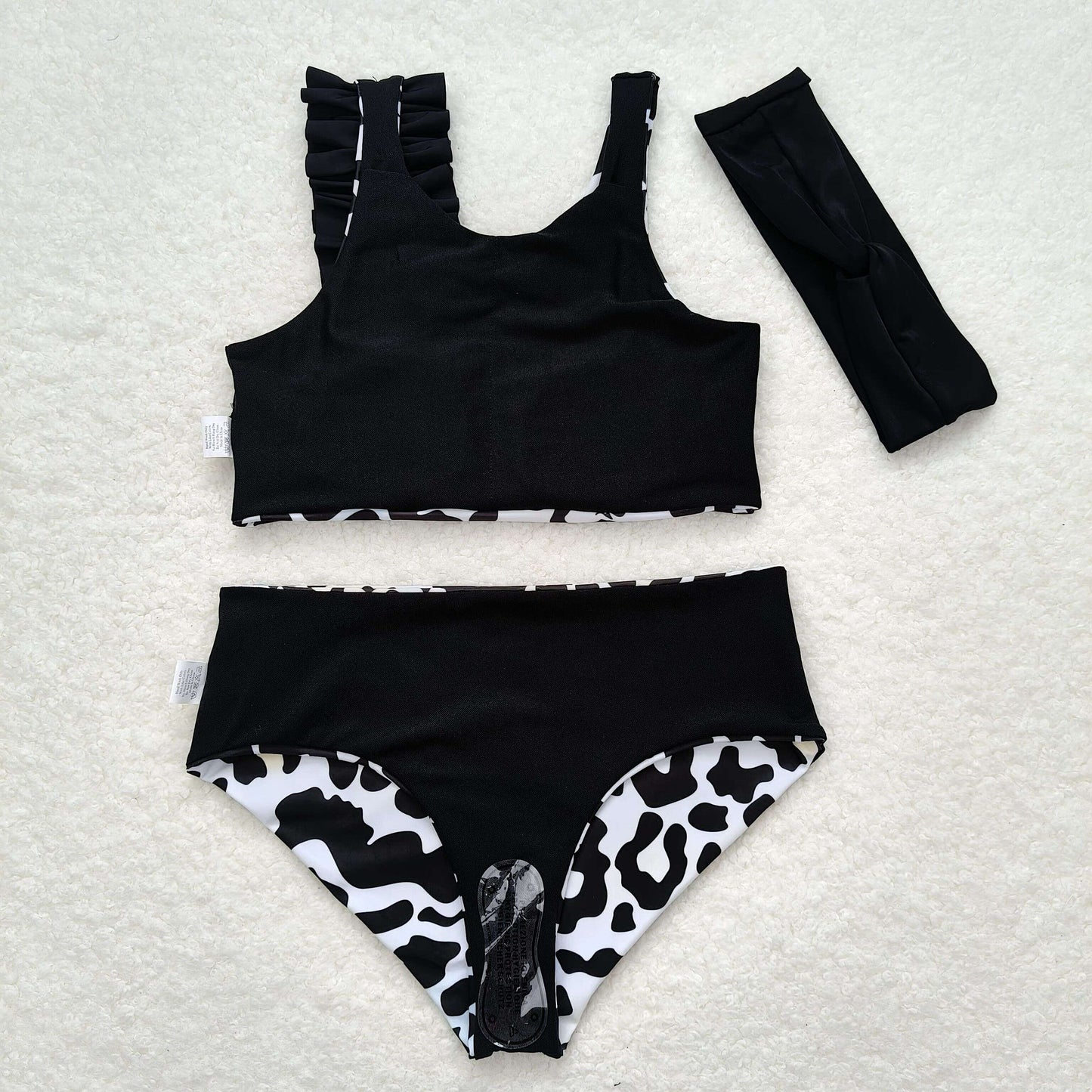 S0224 Cow print black and white swimsuit set with bow sets