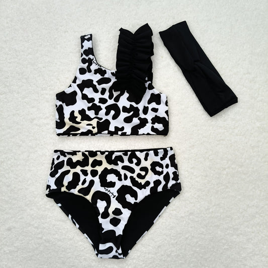 S0224 Cow print black and white swimsuit set with bow sets