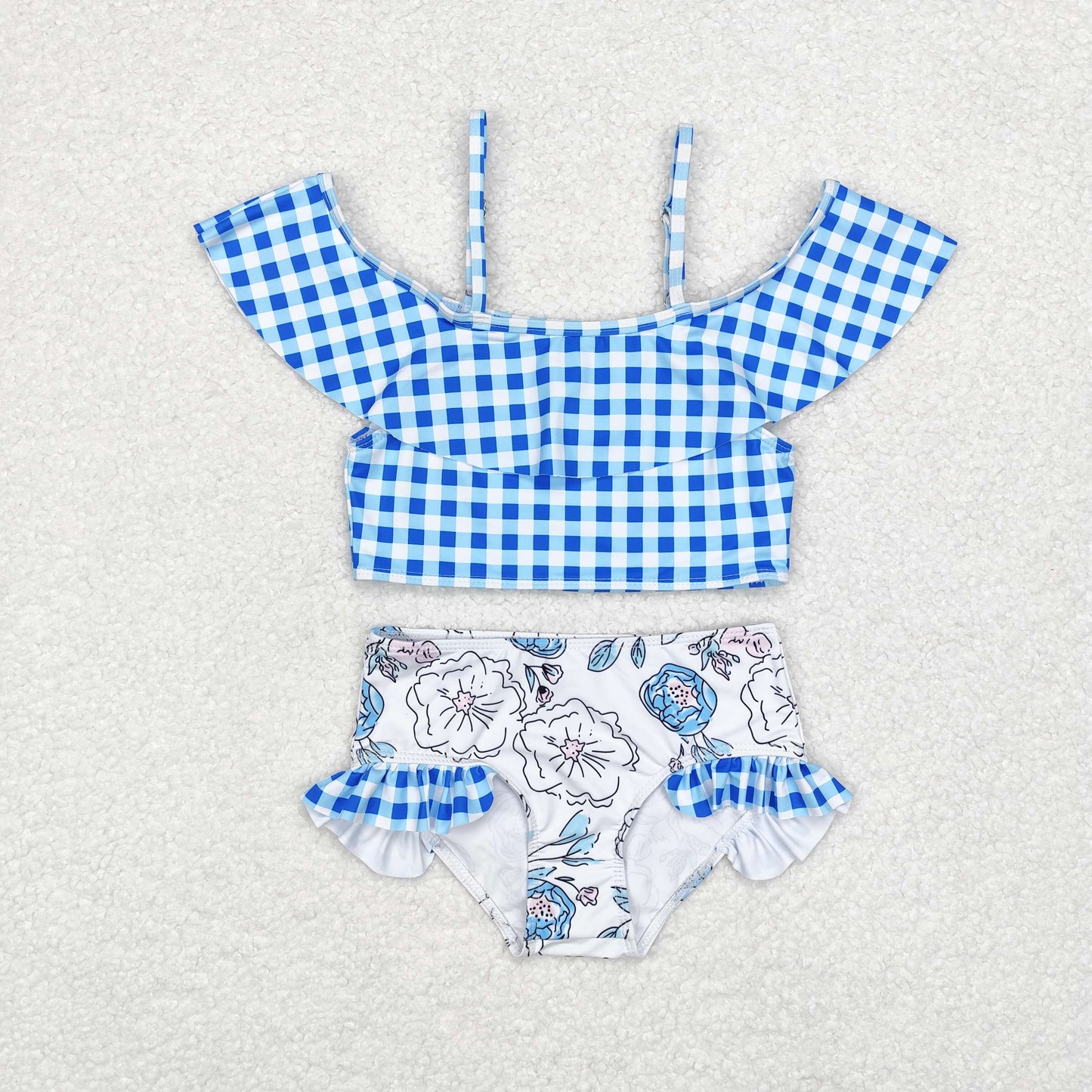 RTS NO MOQ S0254 Blue plaid lace flower white swimsuit set