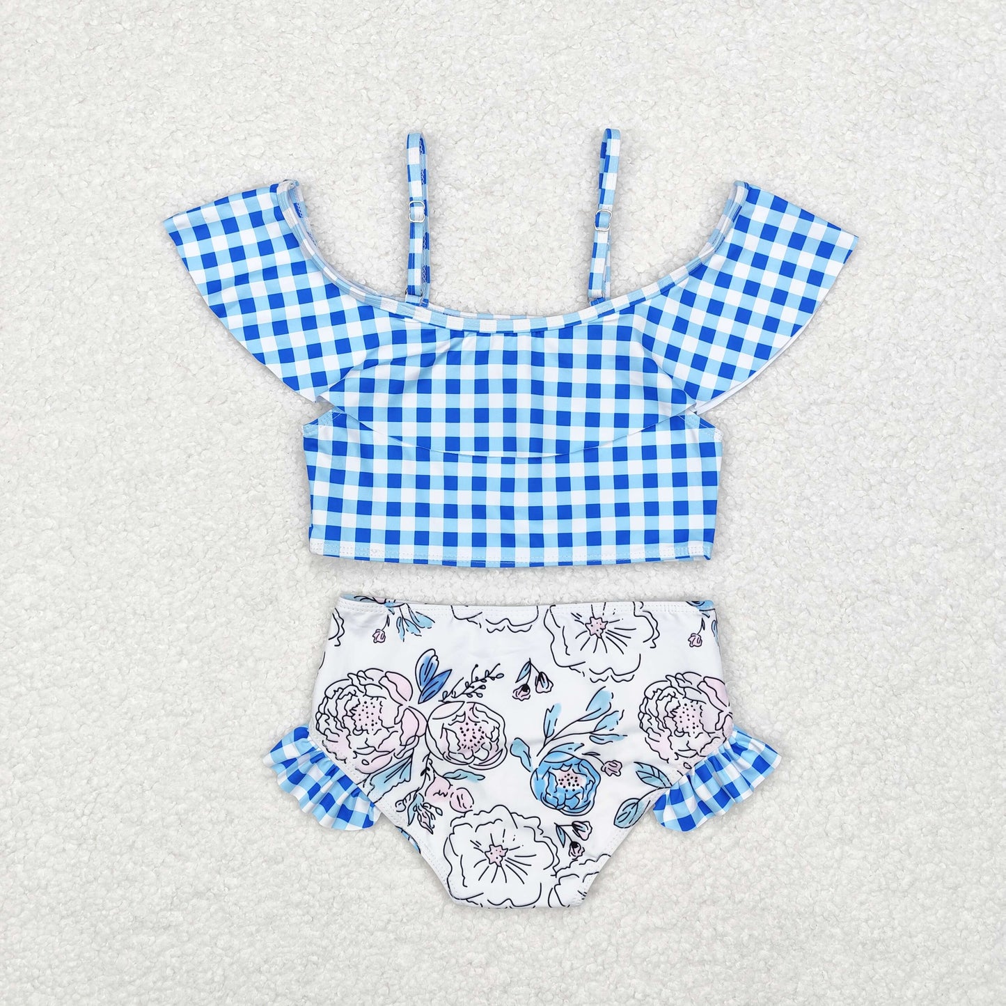 RTS NO MOQ S0254 Blue plaid lace flower white swimsuit set