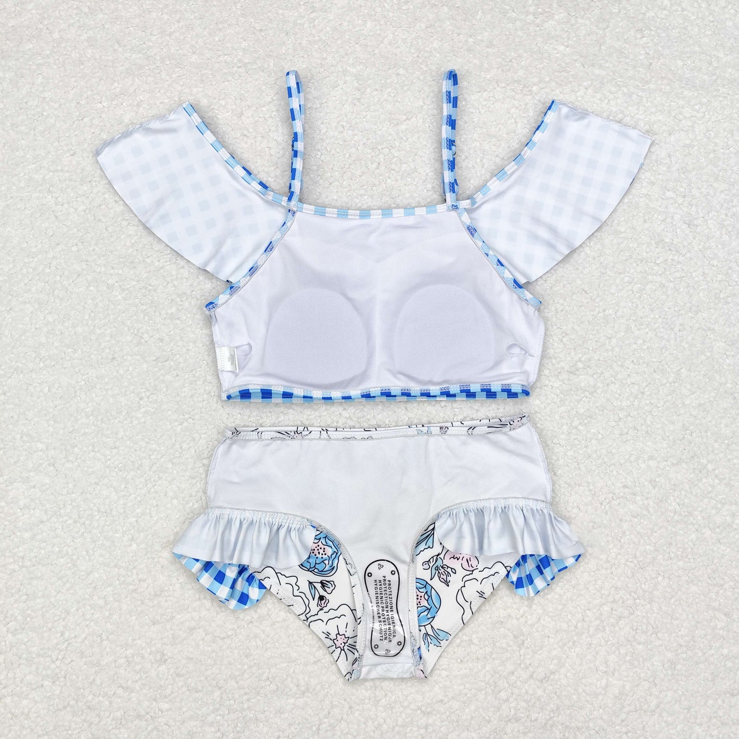 RTS NO MOQ S0254 Blue plaid lace flower white swimsuit set