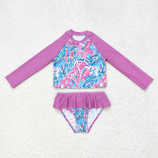 rts no moq S0259 Flower pattern rose pink lace blue long-sleeved swimsuit set