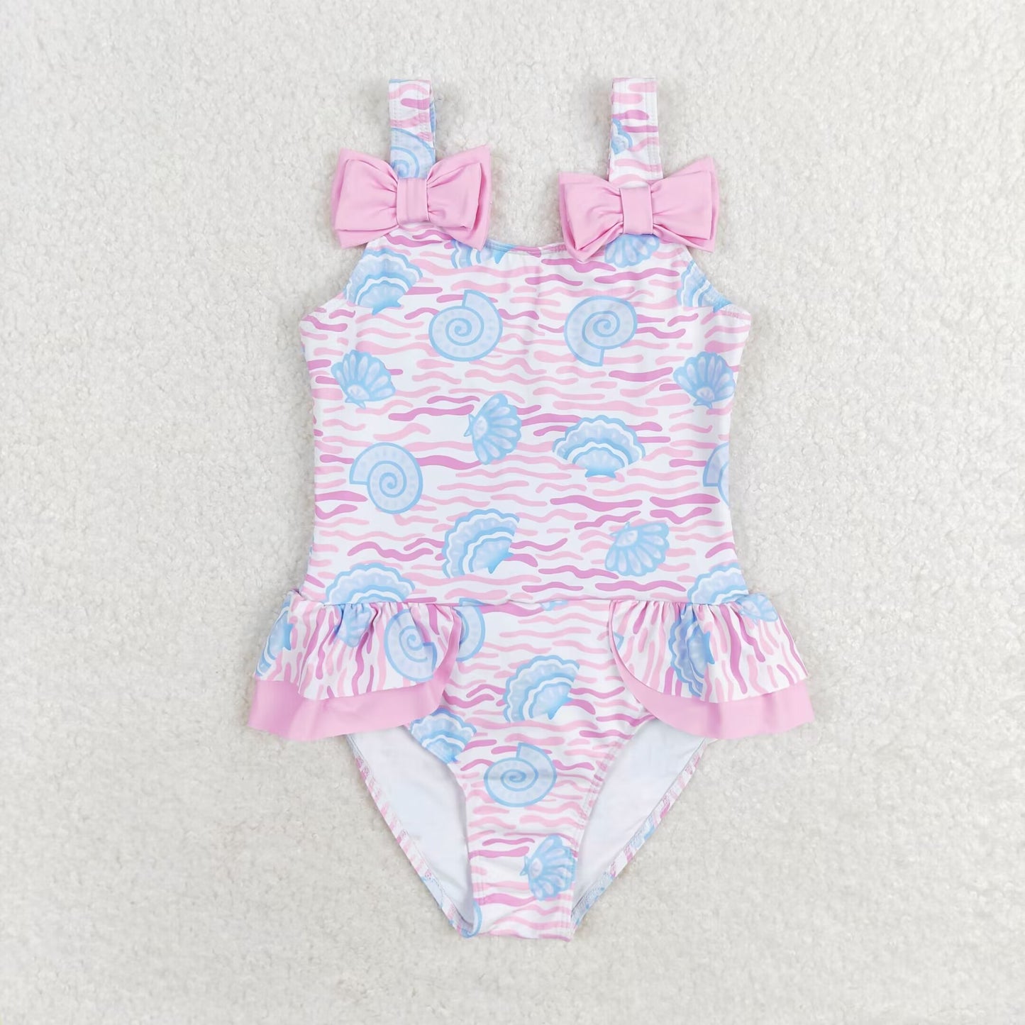 rts no moq S0274 Shell wave pink bow one-piece swimsuit