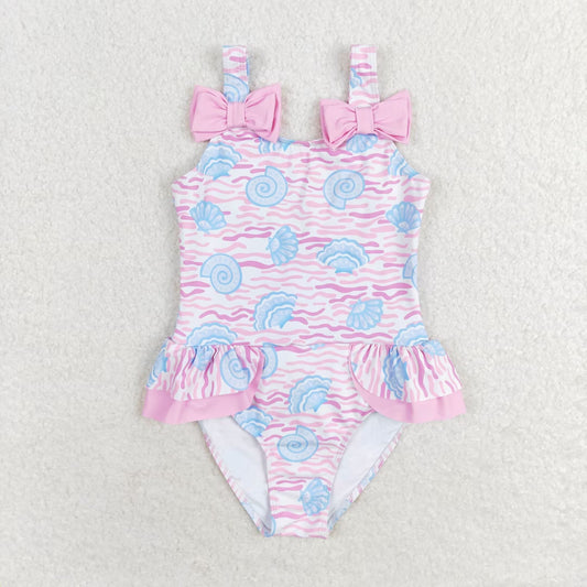 rts no moq S0274 Shell wave pink bow one-piece swimsuit