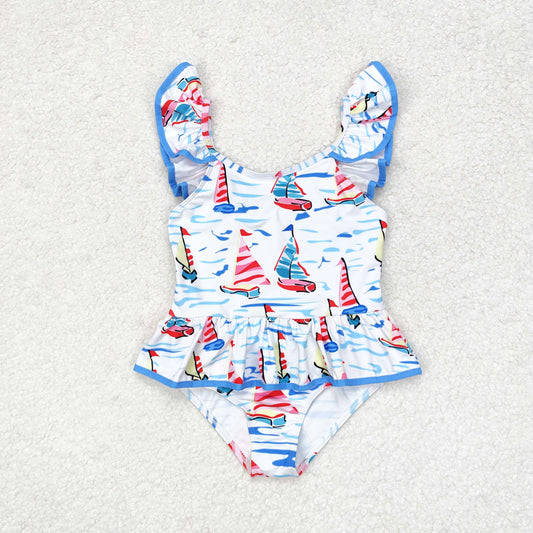 rts no moq S0277 Sailboat blue bow white one-piece swimsuit