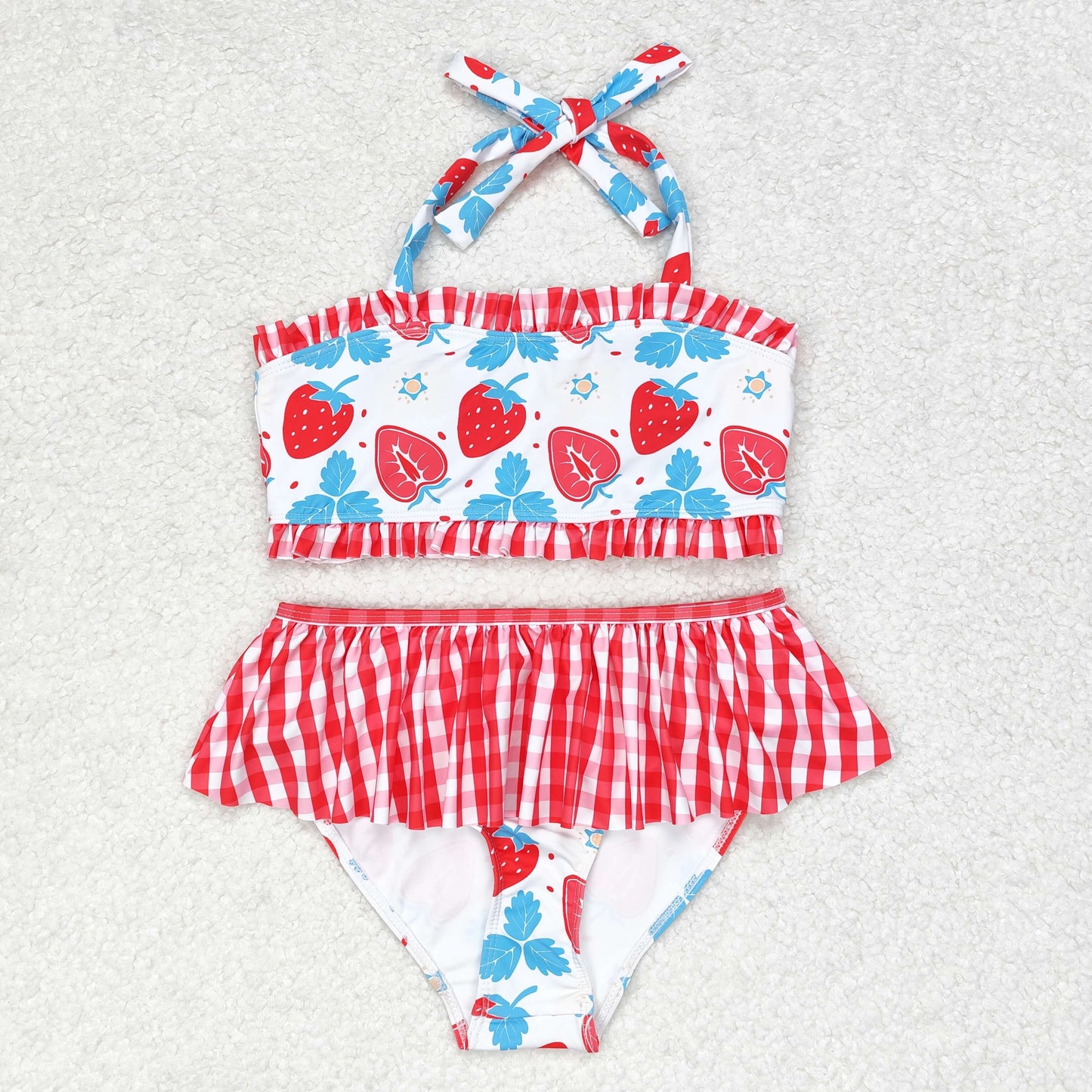 rts no moq S0316 Strawberry red plaid swimsuit set