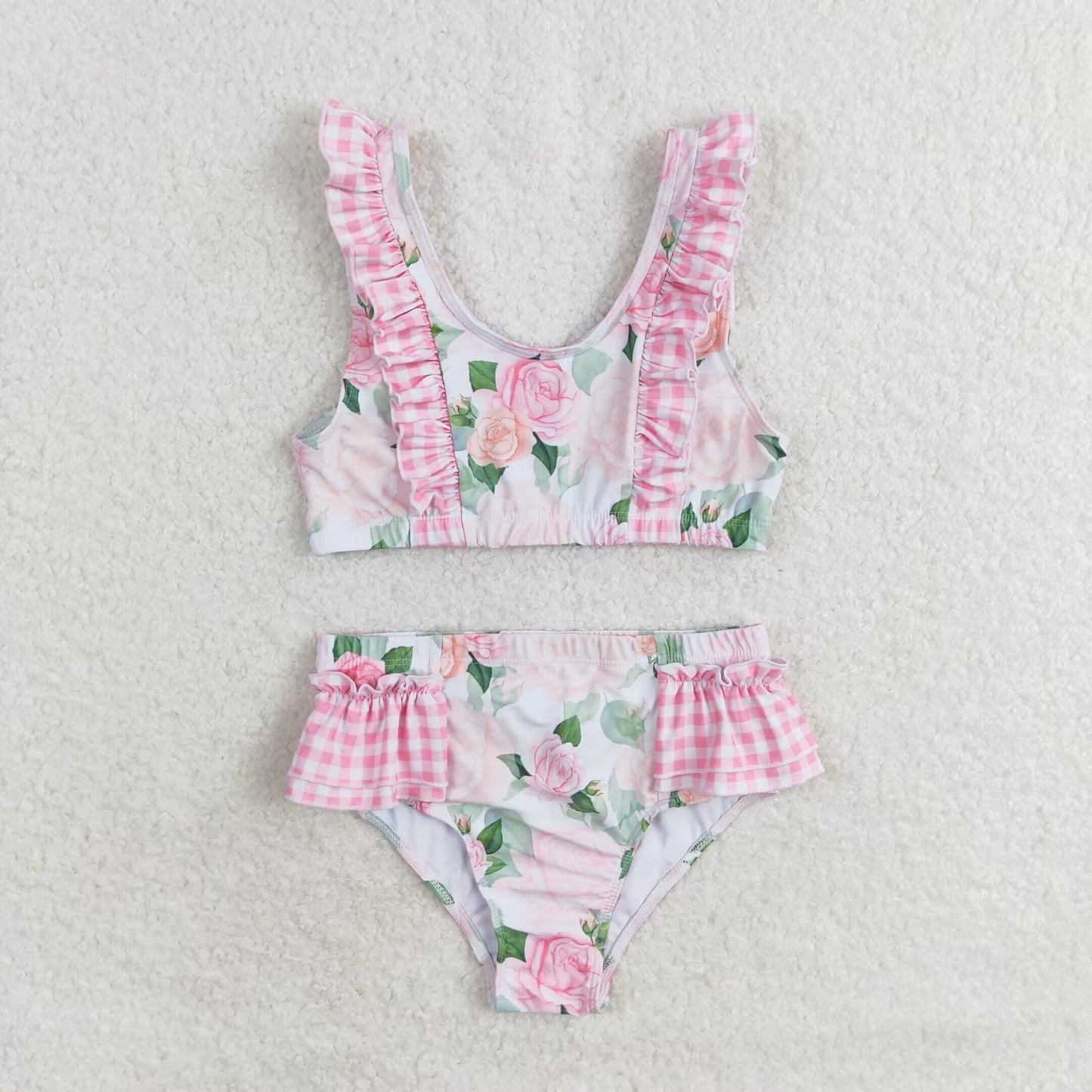 rts no moq S0318 Flower pink plaid lace swimsuit set