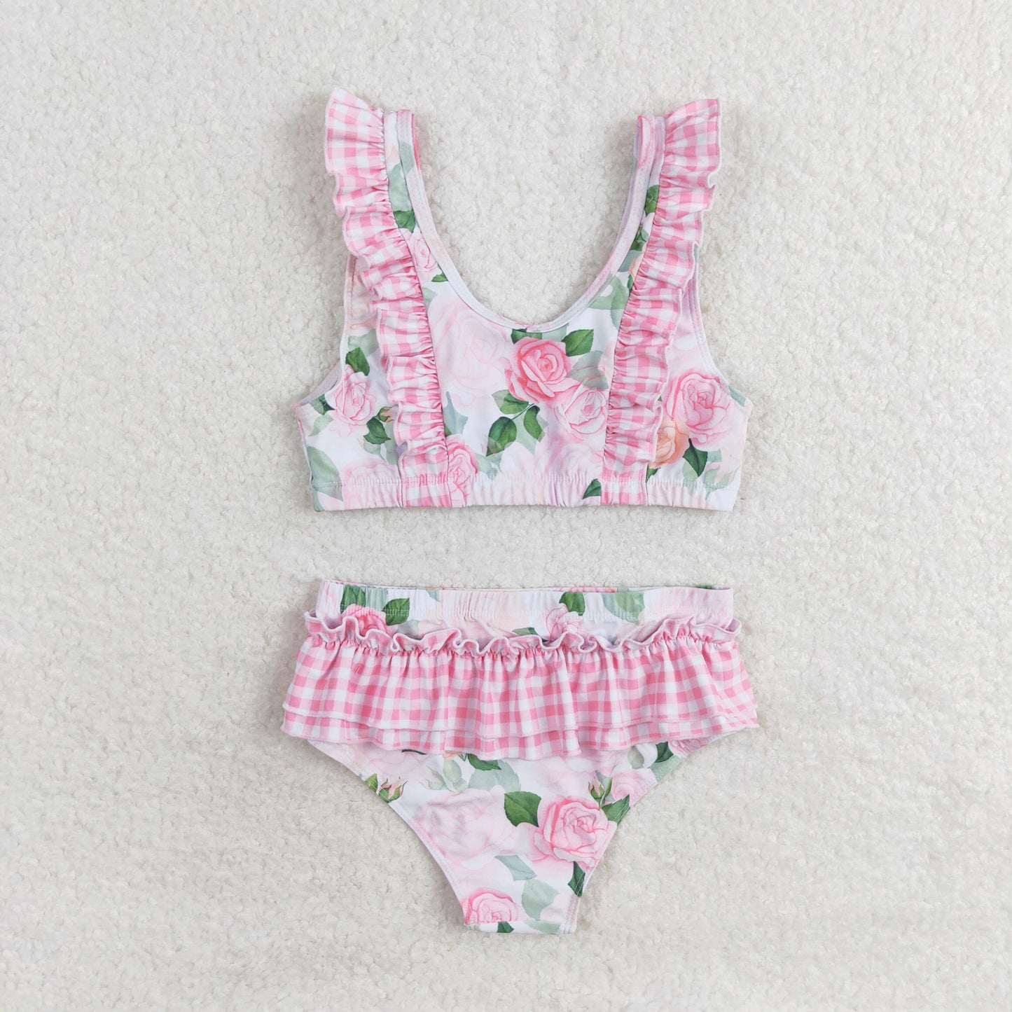 rts no moq S0318 Flower pink plaid lace swimsuit set