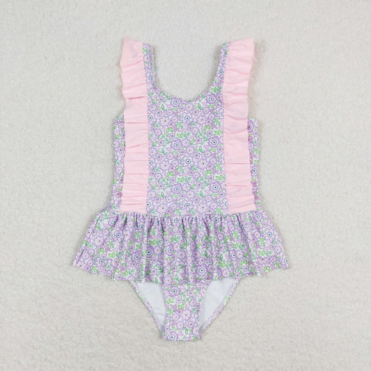 rts no moq S0331 Pink and purple floral lace one-piece swimsuit