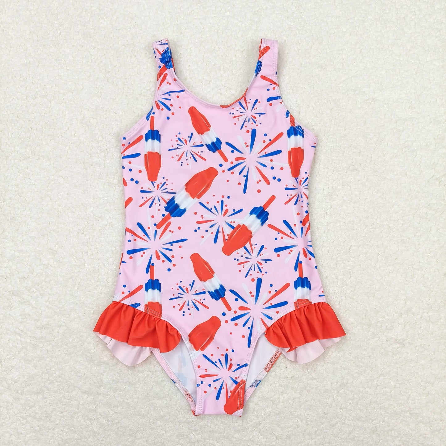 S0333 Fireworks popsicle red lace pink one-piece swimsuit