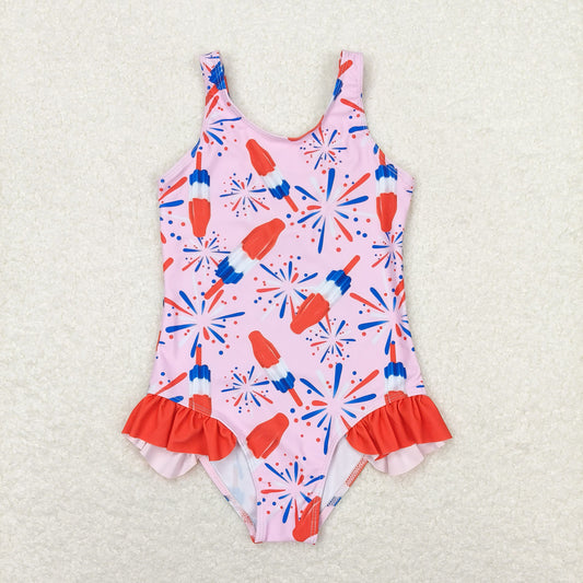 S0333 Fireworks popsicle red lace pink one-piece swimsuit