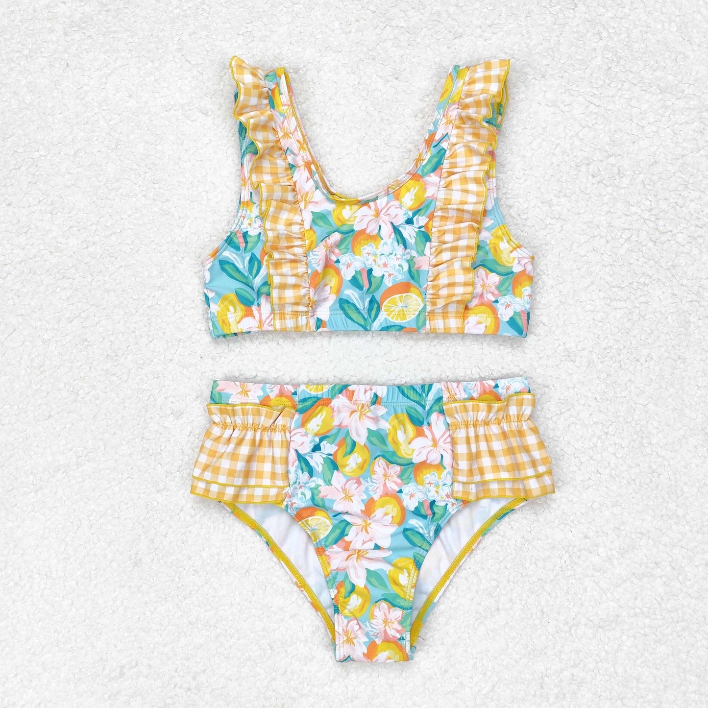 rts no moq S0343 Flower orange yellow plaid lace blue swimsuit set