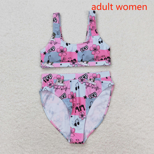 S0347 Adult female taylor swift 1989 rep flower plaid pink swimsuit suit