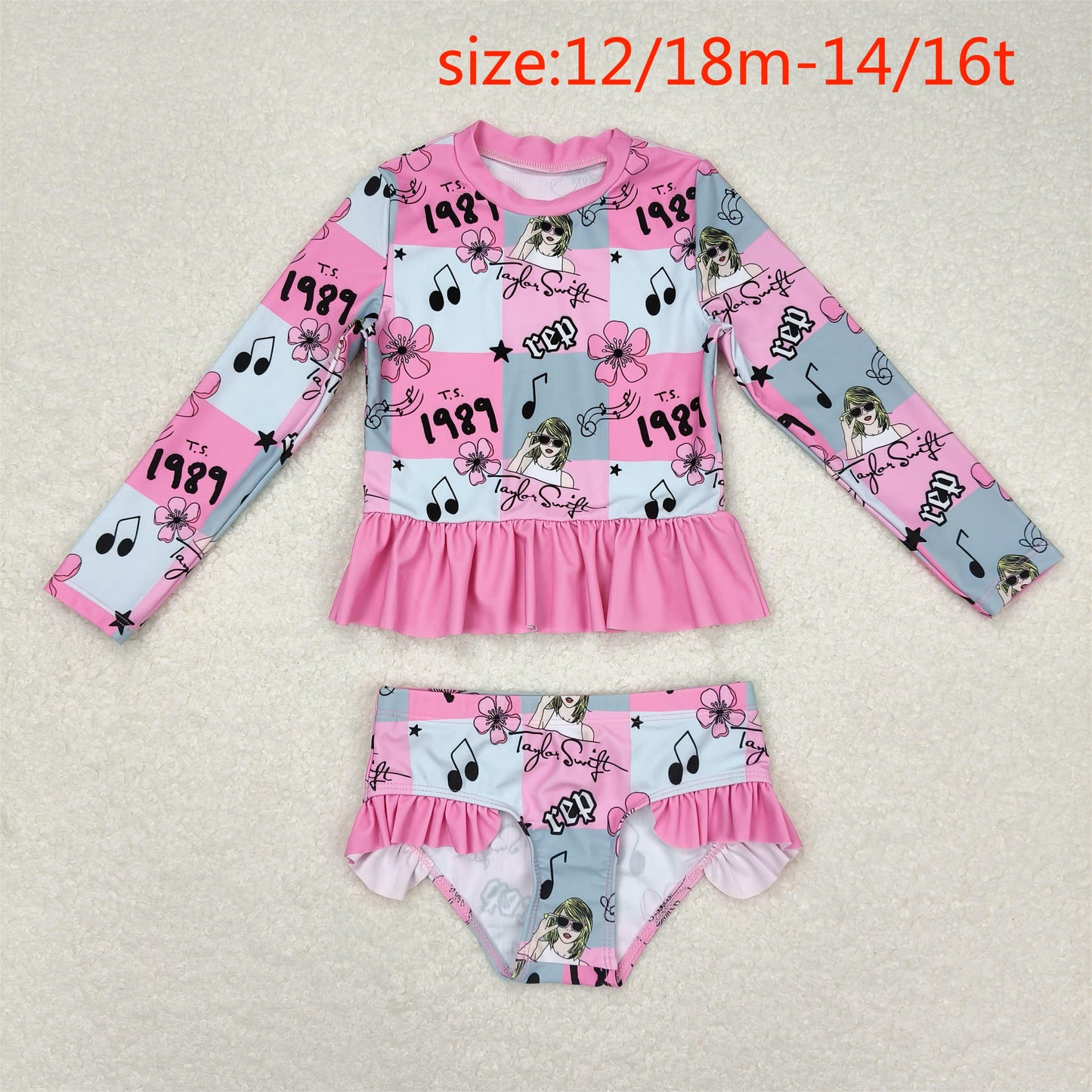 S0348 taylor swift 1989 rep floral plaid pink lace long-sleeved swimsuit suit