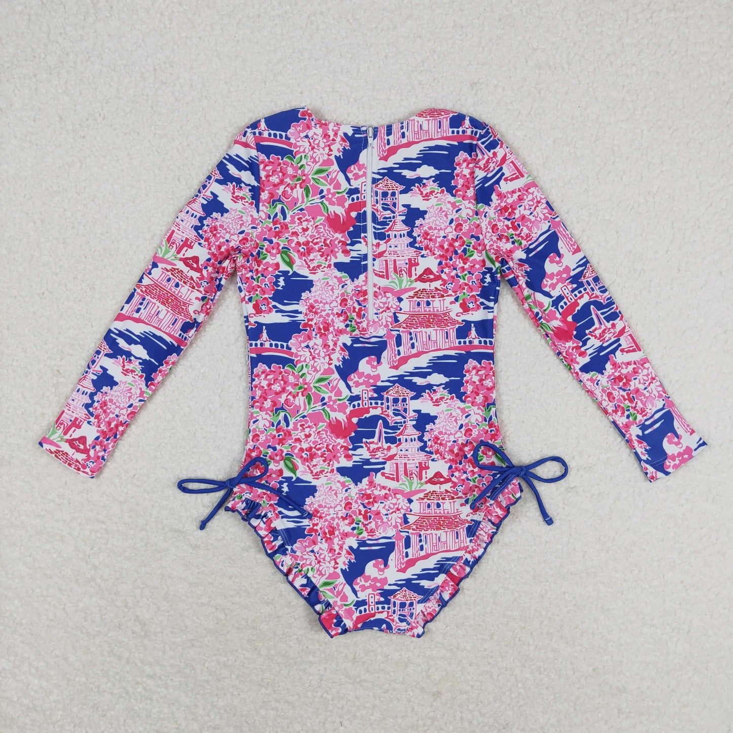 rts no moq S0376 Flower scenery blue and pink zipper long-sleeved one-piece swimsuit