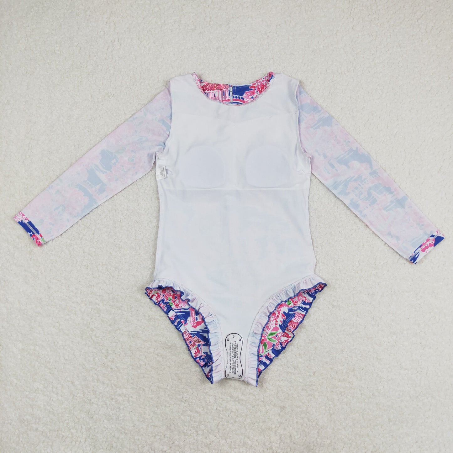 rts no moq S0376 Flower scenery blue and pink zipper long-sleeved one-piece swimsuit