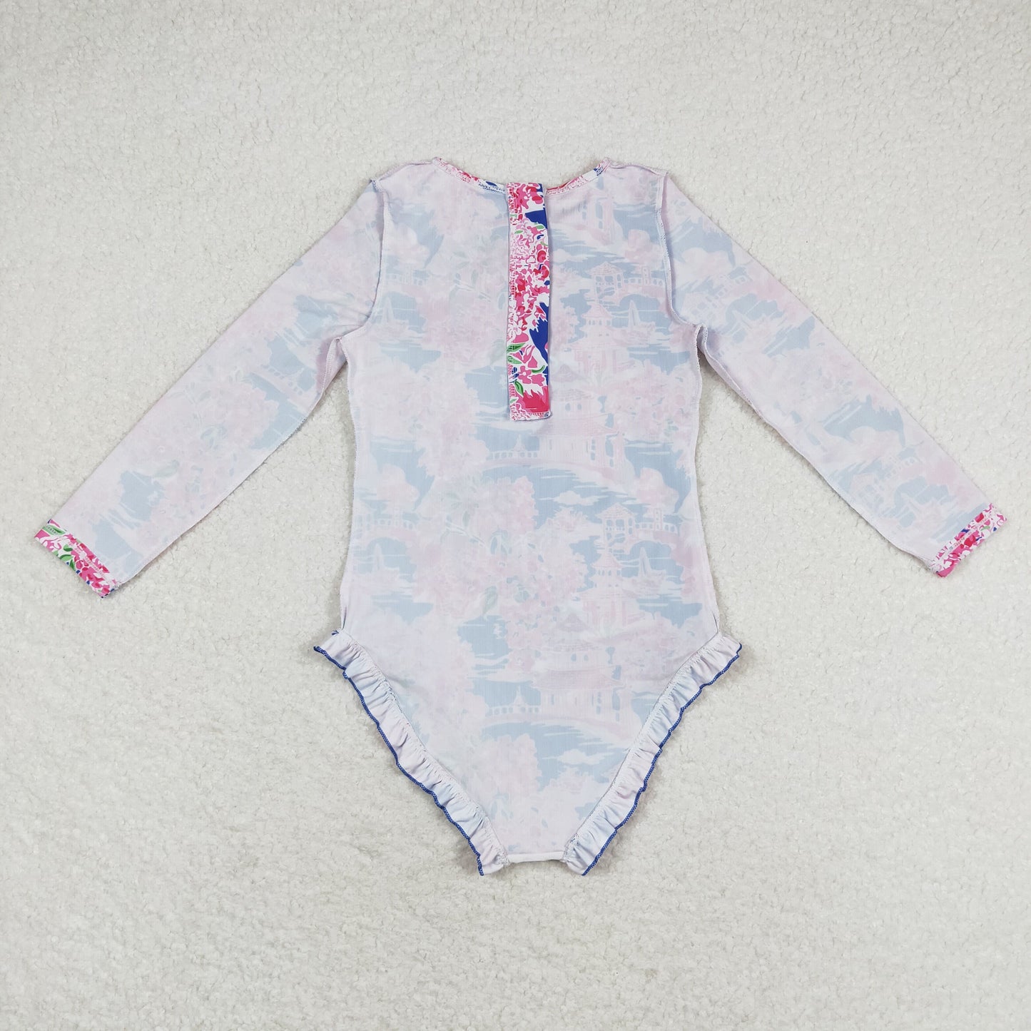 rts no moq S0376 Flower scenery blue and pink zipper long-sleeved one-piece swimsuit