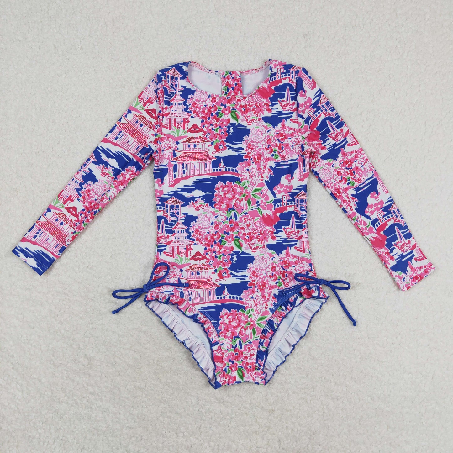 rts no moq S0376 Flower scenery blue and pink zipper long-sleeved one-piece swimsuit