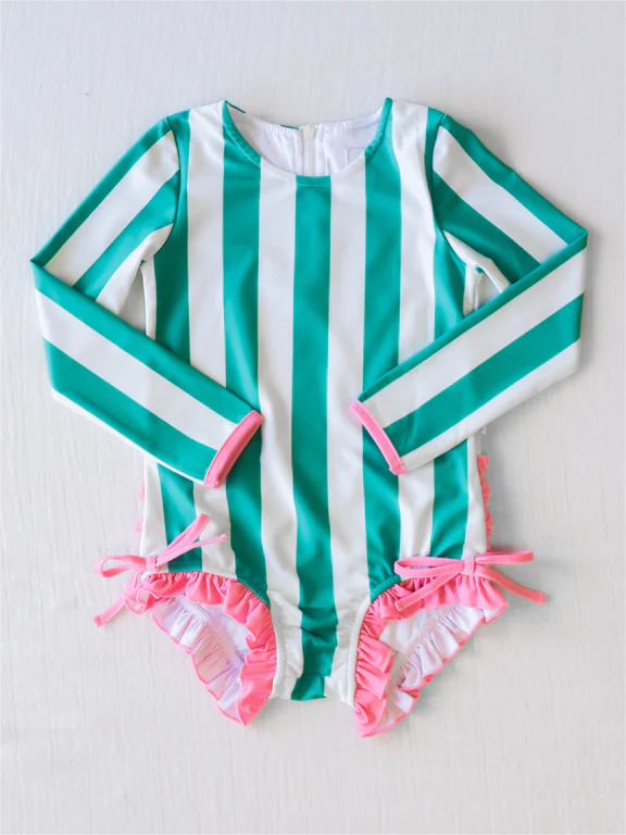 S0386 pre-order baby girl clothes green stripes girl summer swimsuit beach wear