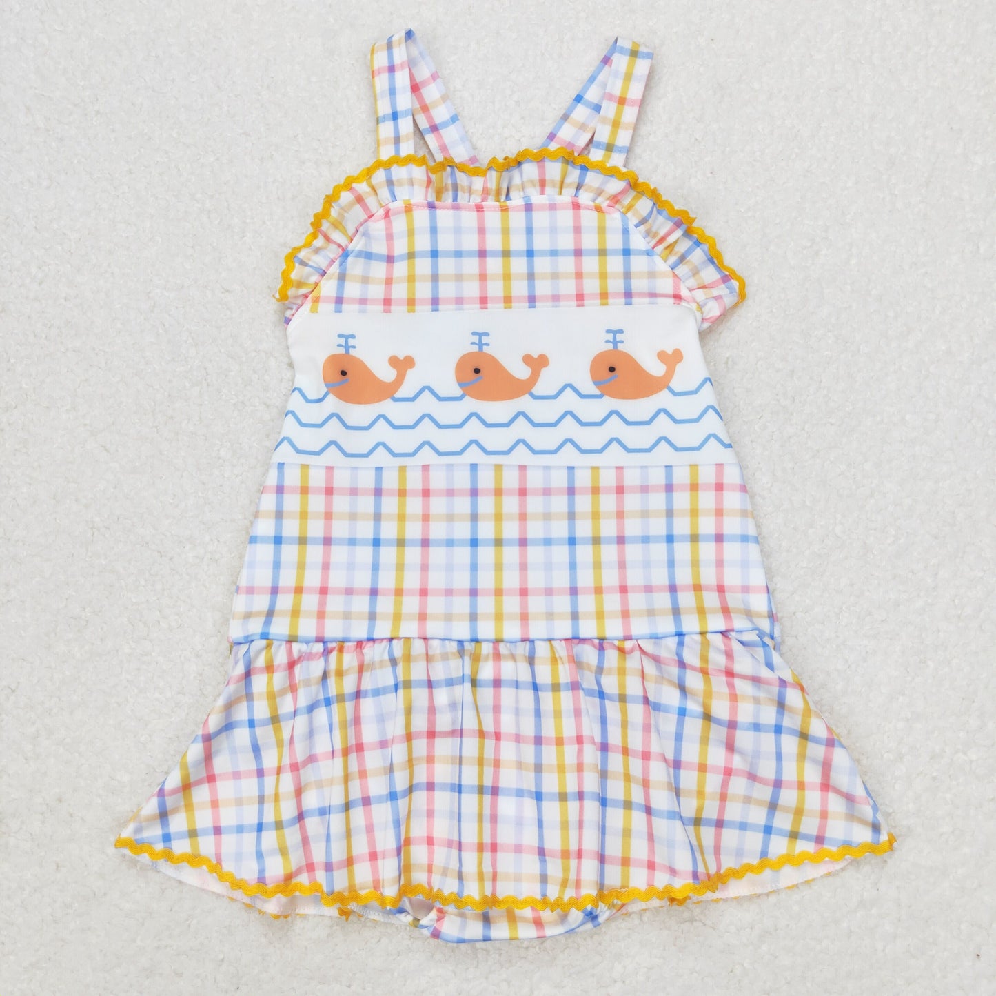 rts no moq S0396 Whale blue and yellow plaid one-piece swimsuit