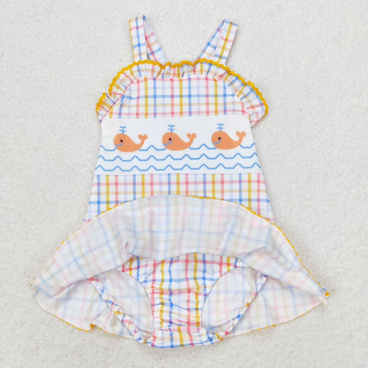 rts no moq S0396 Whale blue and yellow plaid one-piece swimsuit