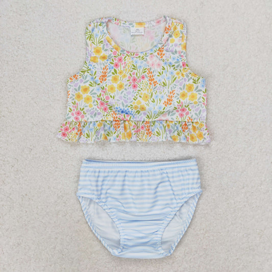 rts no moq S0414 Flower floral blue striped swimsuit set