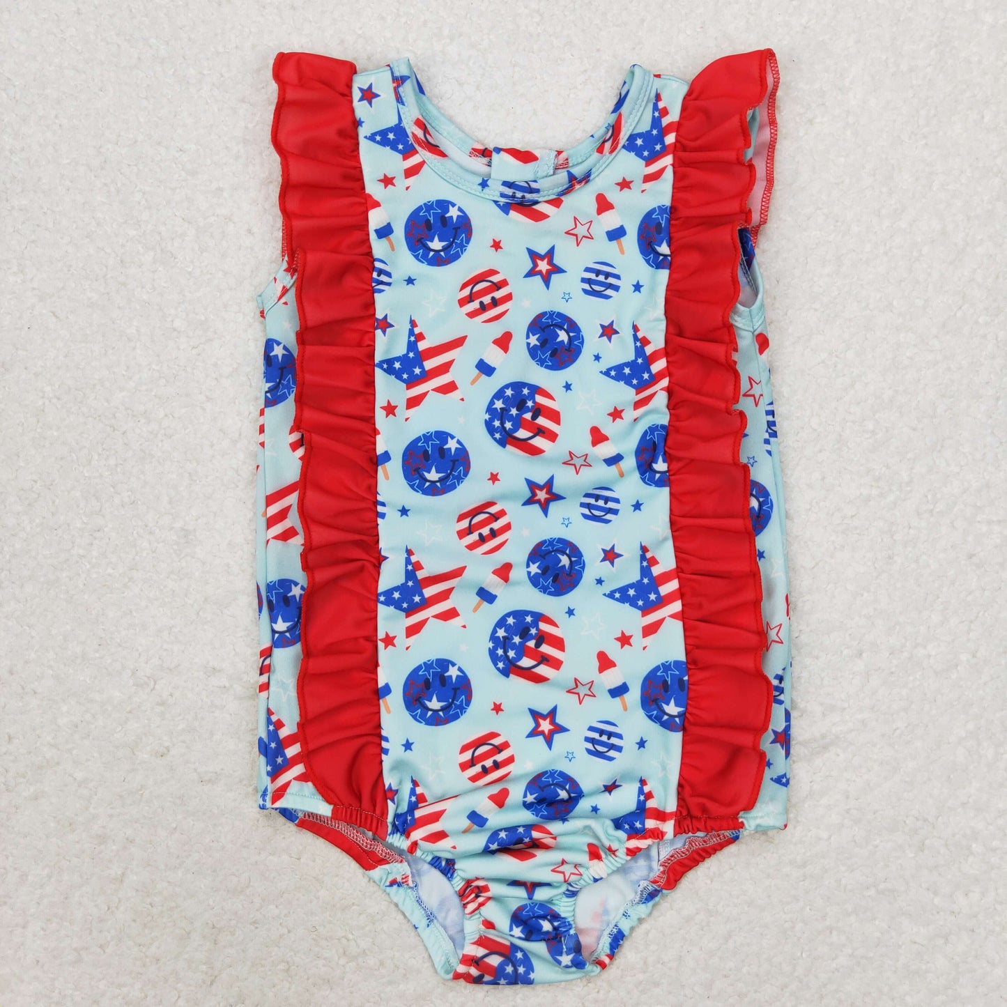 rts no moq S0433 National Day Smiley Star Striped Popsicle Lace Blue One-Piece Swimsuit