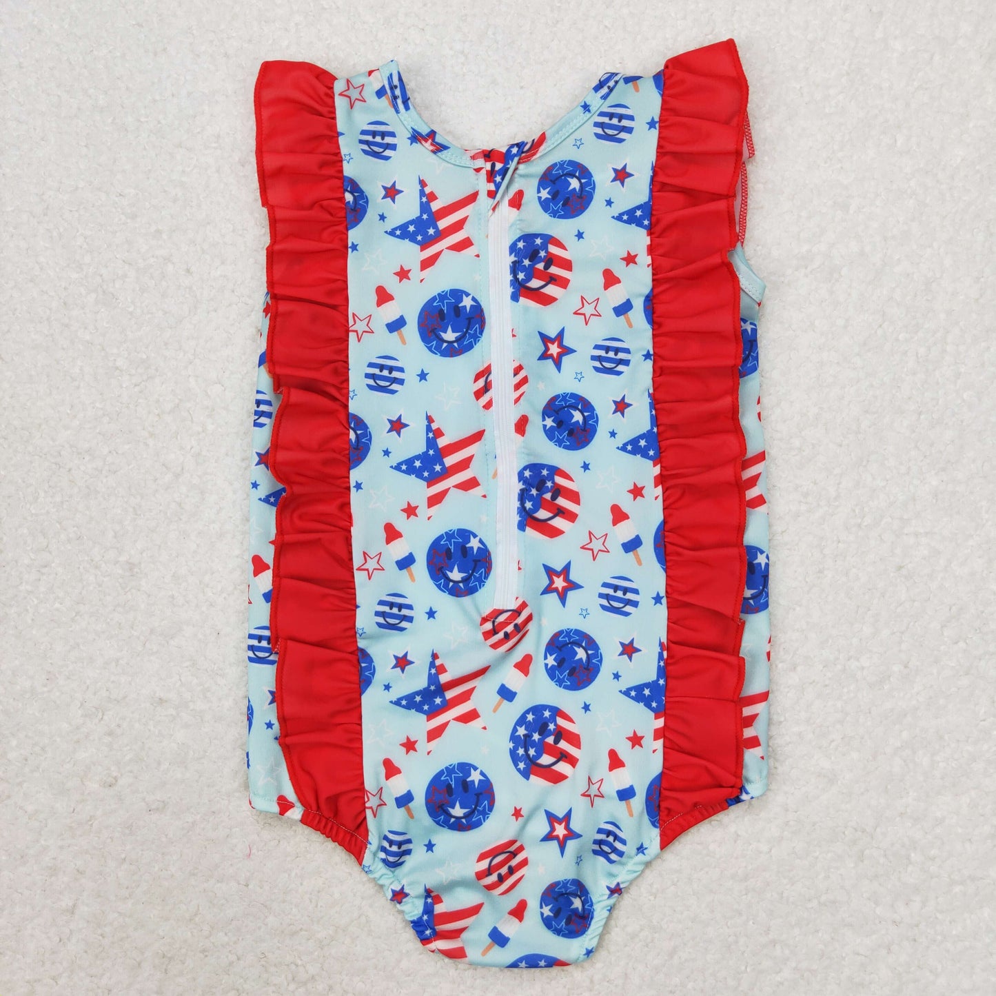 rts no moq S0433 National Day Smiley Star Striped Popsicle Lace Blue One-Piece Swimsuit